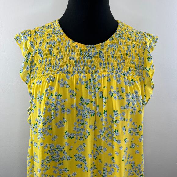 Draper James RSVP Yellow / Blue XL Top Floral Crew Neck Smocked Flutter Sleeve - Picture 3 of 9